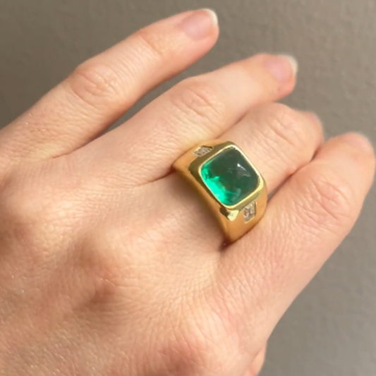 1970s 18KT Yellow Gold Emerald & Diamond Ring on finger