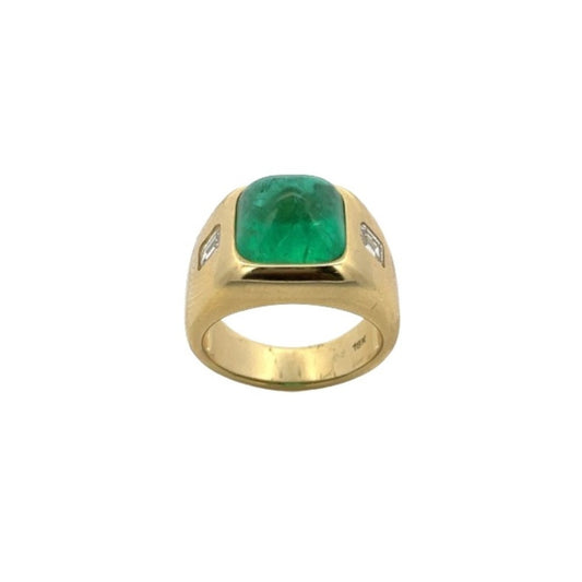 1970s 18KT Yellow Gold Emerald & Diamond Ring front