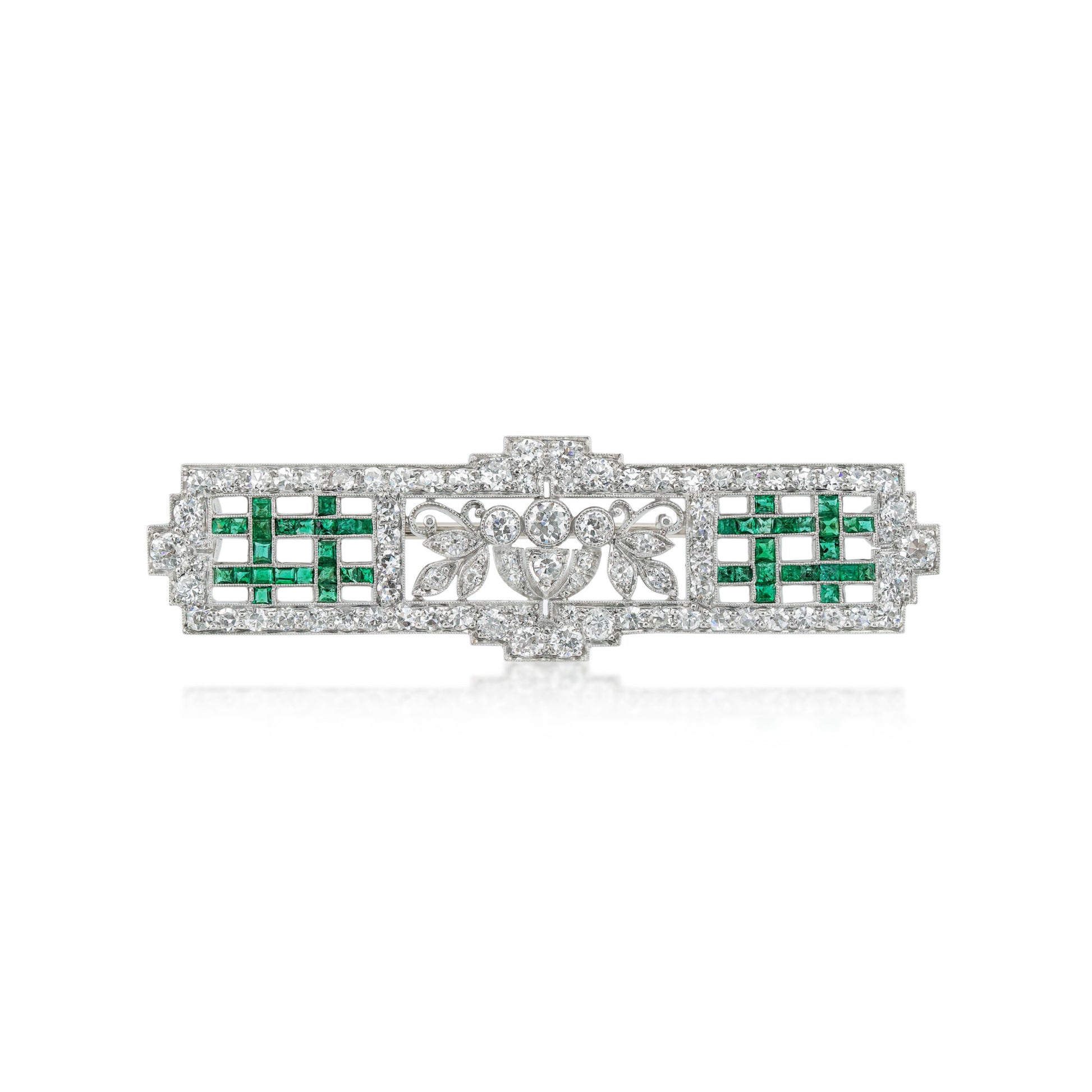 J.E. Caldwell Art Deco Platinum Diamond & Emerald Brooch front