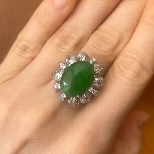 Post-1980s 14KT White Gold Jade & Diamond Ring on finger