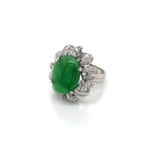 Post-1980s 14KT White Gold Jade & Diamond Ring front