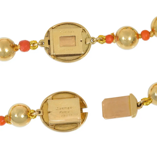 Cartier Paris 1970s 18KT Yellow Gold Coral & Chrysoprase Necklace signature