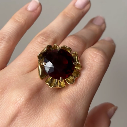 1980s 18KT Yellow Gold Tourmaline Ring on finger