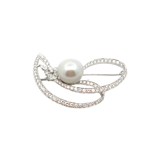 Post-1980s Platinum Cultured Pearl & Diamond Brooch front