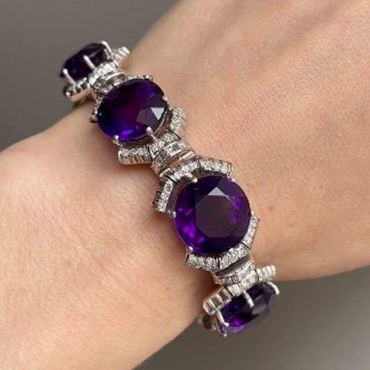 Post-1980s Platinum Amethyst & Diamond Bracelet on wrist