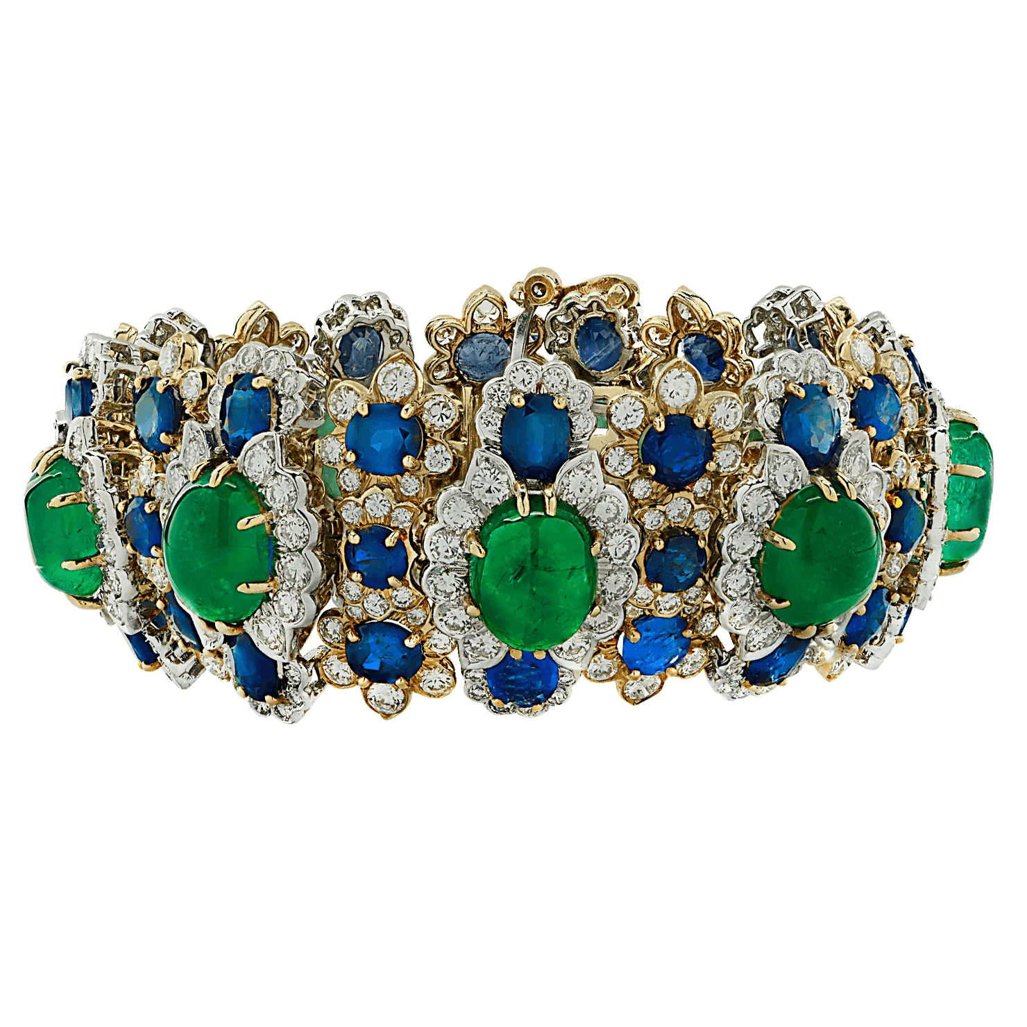 David Webb Post-1980s Platinum & 18KT Yellow Gold Emerald, Diamond & Sapphire Bracelet front