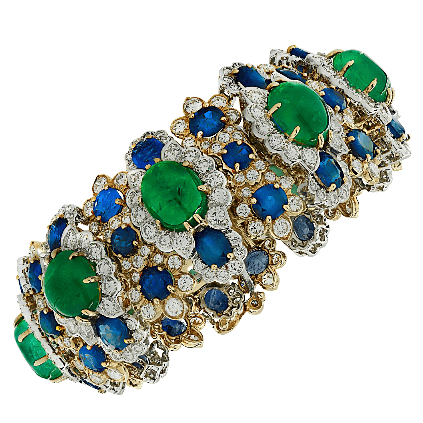 David Webb Post-1980s Platinum & 18KT Yellow Gold Emerald, Diamond & Sapphire Bracelet front
