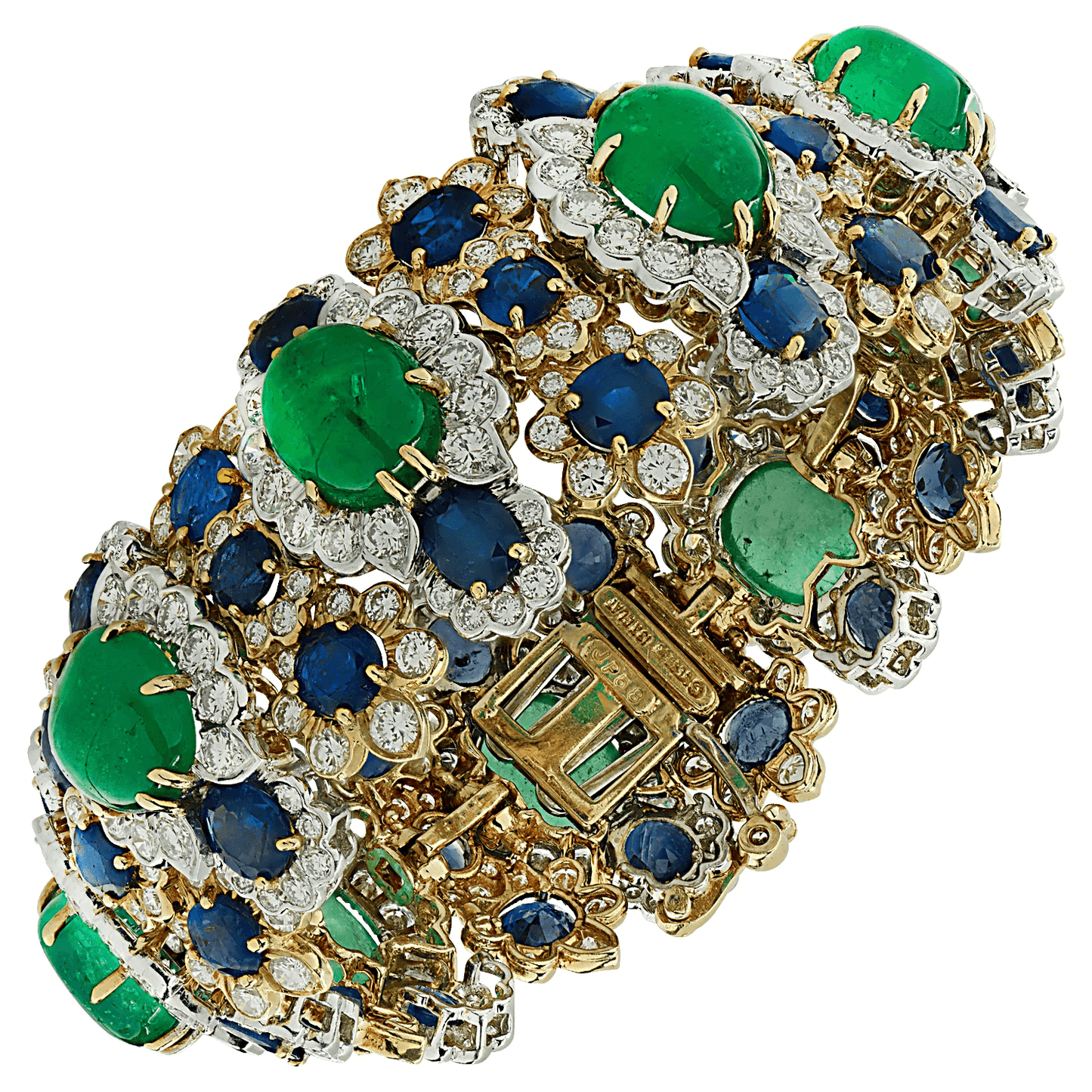 David Webb Post-1980s Platinum & 18KT Yellow Gold Emerald, Diamond & Sapphire Bracelet front