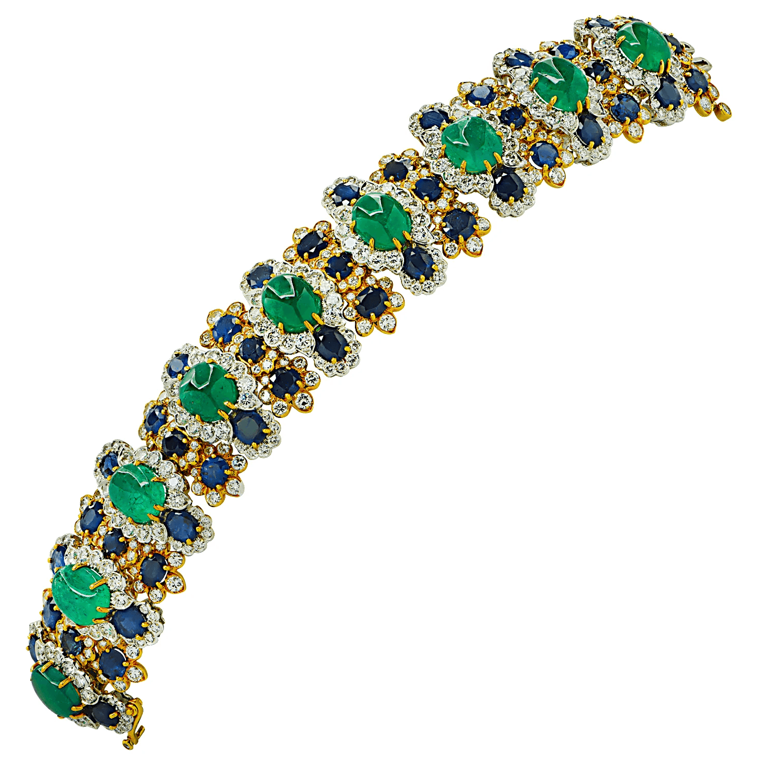 David Webb Post-1980s Platinum & 18KT Yellow Gold Emerald, Diamond & Sapphire Bracelet front