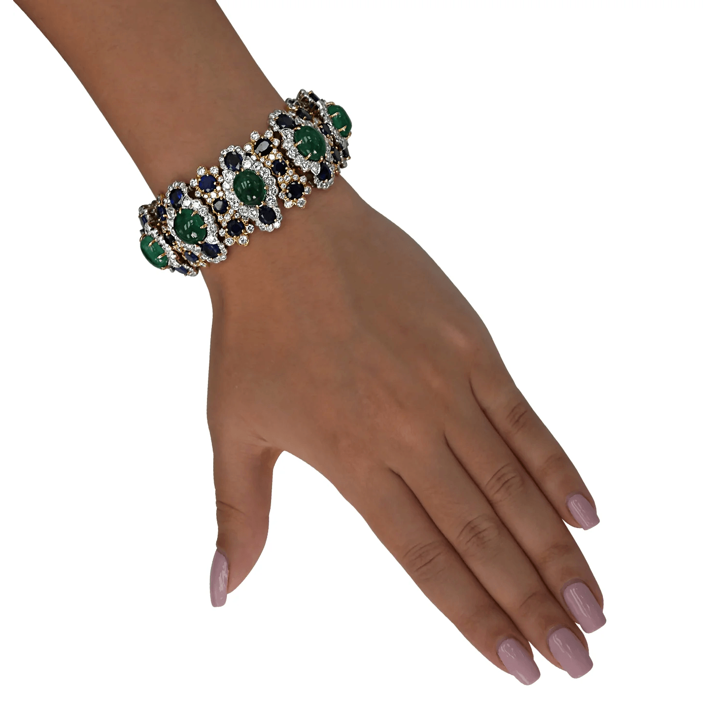 David Webb Post-1980s Platinum & 18KT Yellow Gold Emerald, Diamond & Sapphire Bracelet on wrist