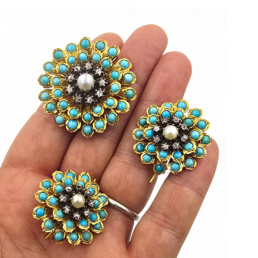 French Antique 18KT Yellow Gold Turquoise, Diamond, & Natural Pearl Set front