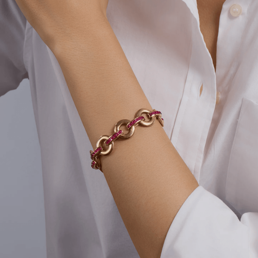 Cartier Paris Art Deco 18KT Yellow Gold Ruby Bracelet on wrist