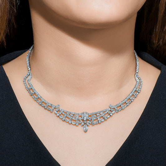 Raymond Yard 1960s Platinum Diamond Necklace on neck