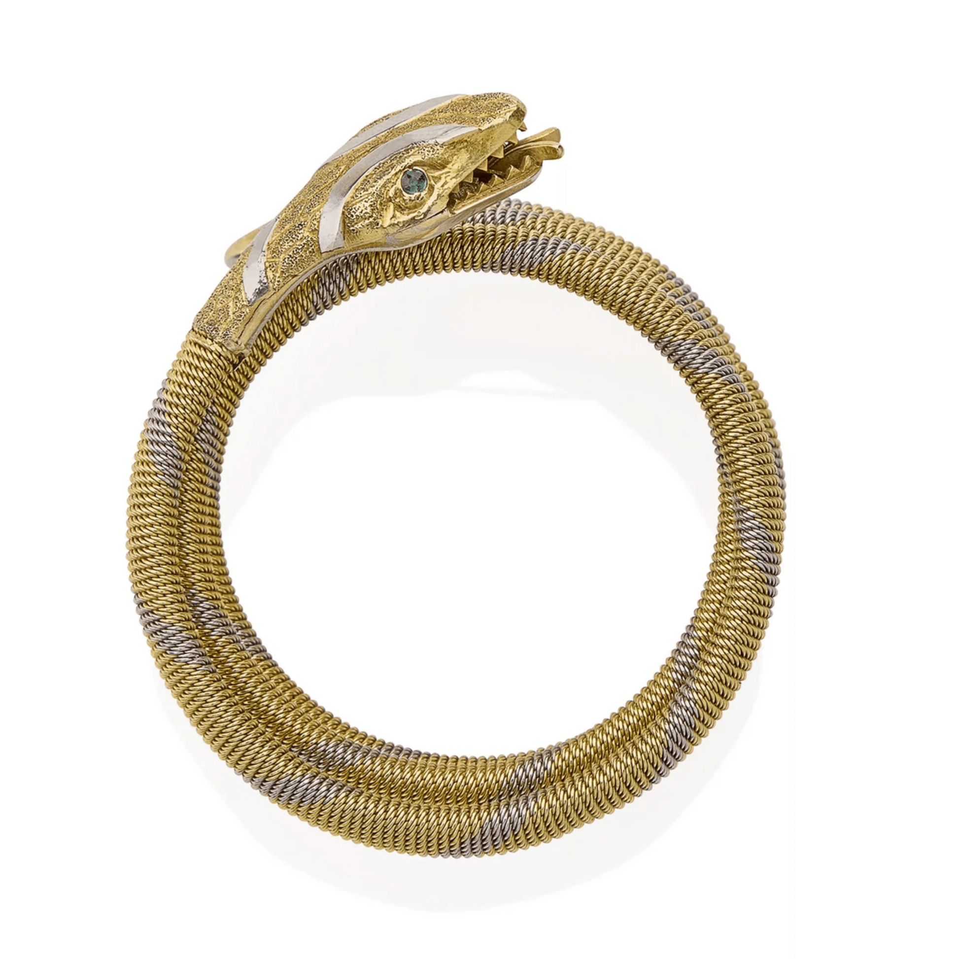 Victorian Platinum & 18KT Yellow Gold Emerald Snake Bracelet profile
