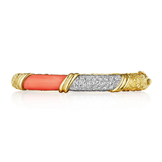 Van Cleef & Arpels Paris 1970s Platinum & 18KT Yellow Gold Diamond & Coral Bracelet front