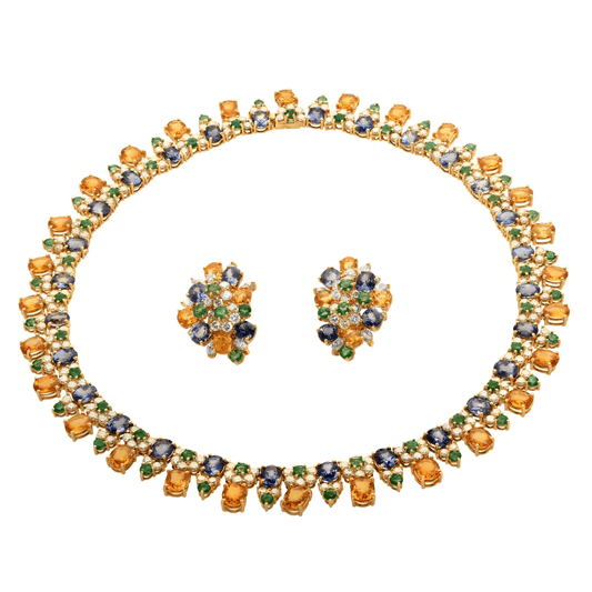 1980s 18KT Yellow Gold Diamond & Sapphire Set front