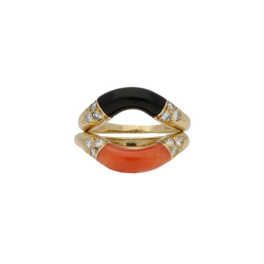 Cartier French 1970s 18KT Yellow Gold Coral, Diamond, Onyx Ring front