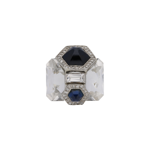 Seaman Schepps 1940s Platinum & 18KT White Gold Rock Crystal, Diamond & Sapphire Ring front