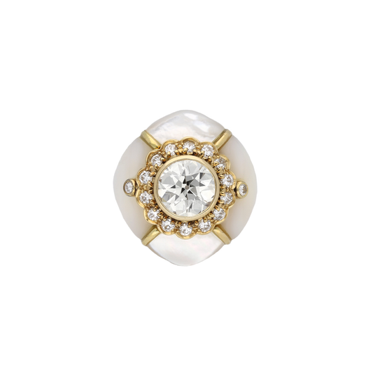 Fred French 1970s 18KT Yellow Gold Mother of Pearl & Diamond Ring front
