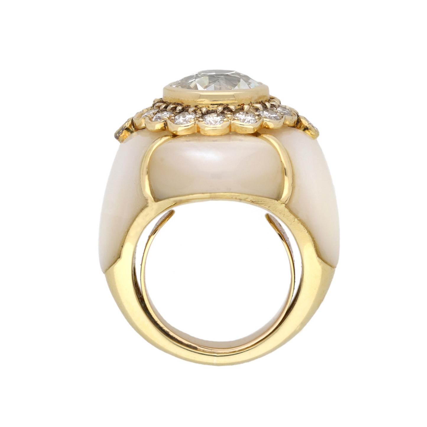 Fred French 1970s 18KT Yellow Gold Mother of Pearl & Diamond Ring profile