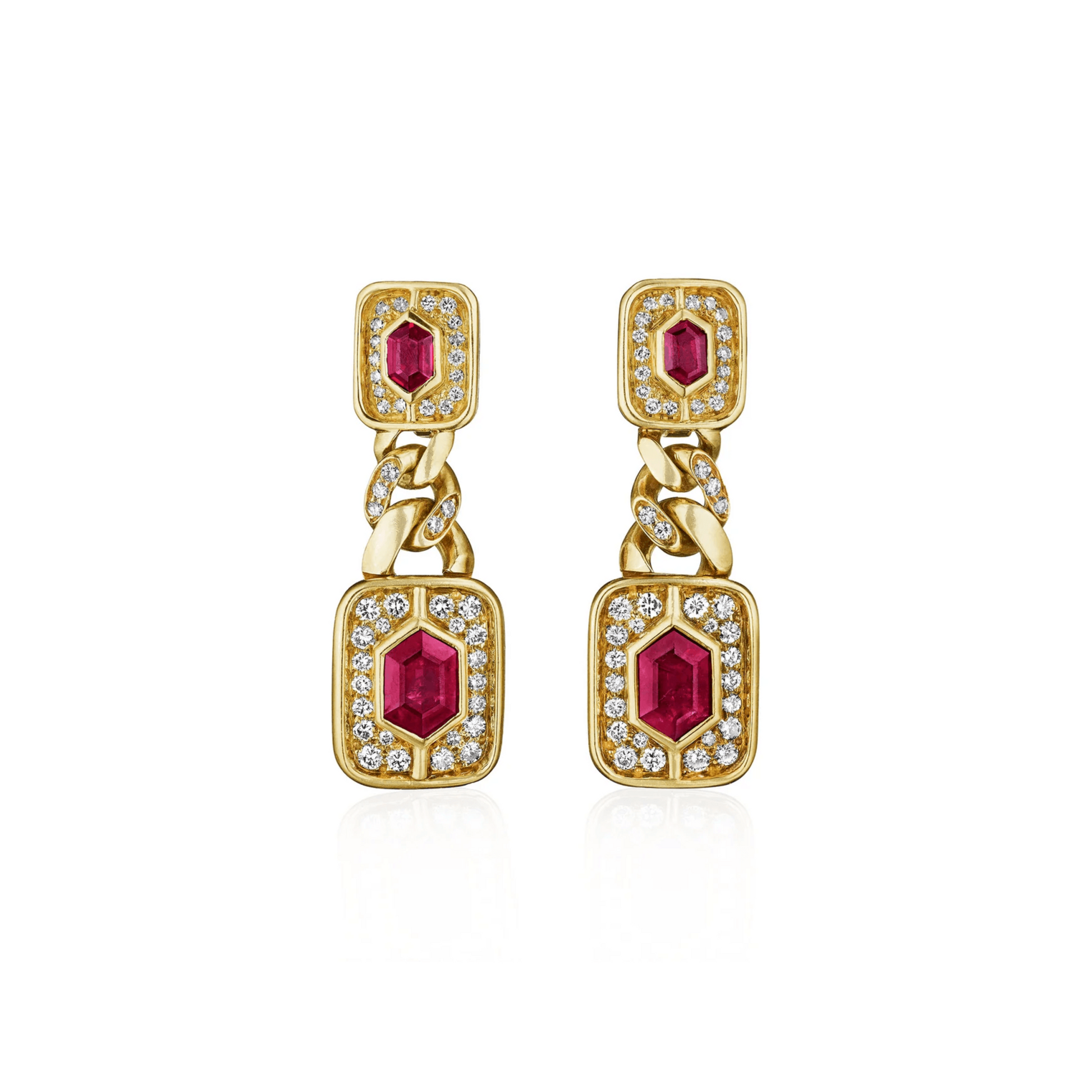 Bulgari Italy 1980s 18KT Yellow Gold Ruby & Diamond Earrings front