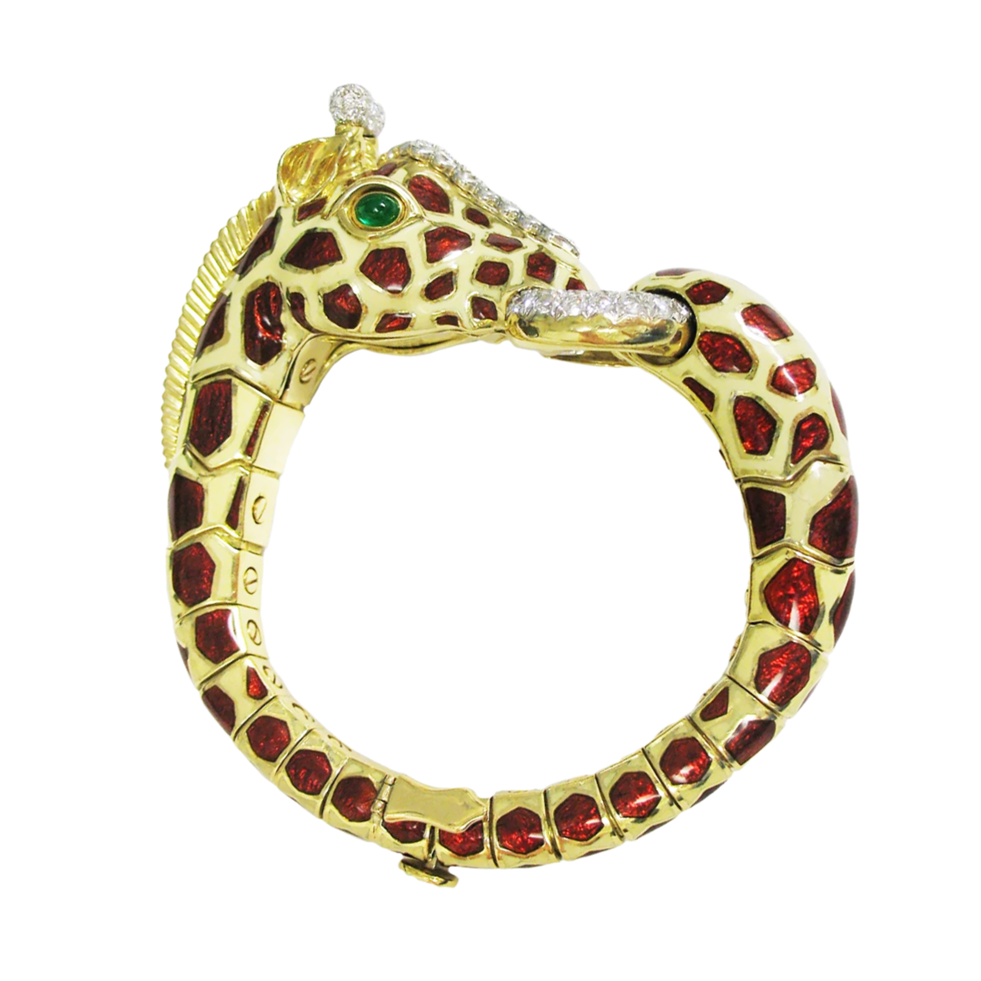 David Webb Post-1980s 18KT Yellow Gold Diamond, Emerald & Enamel Giraffe Bracelet front