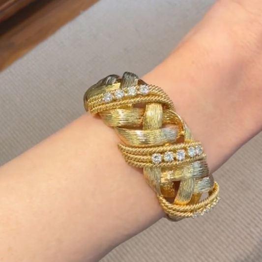 David Webb 1970s 18KT Yellow Gold Diamond Bracelet on wrist