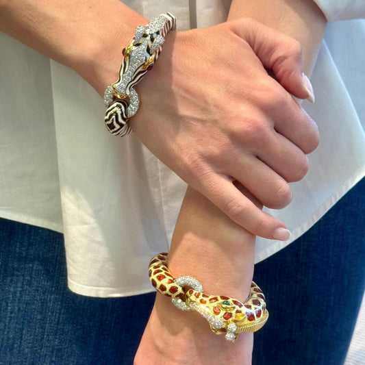David Webb Post-1980s 18KT Yellow Gold Diamond, Emerald & Enamel Giraffe Bracelet on wrist