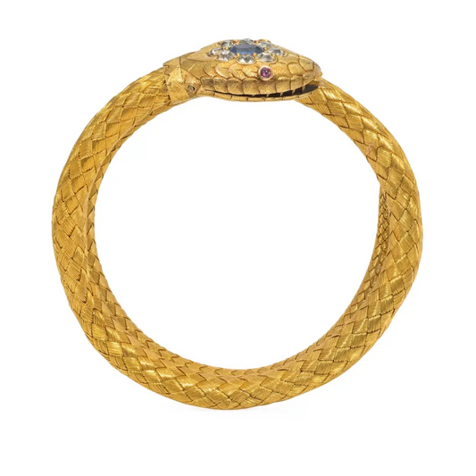 Victorian 22KT Yellow Gold Diamond, Ruby & Sapphire Snake Bracelet profile
