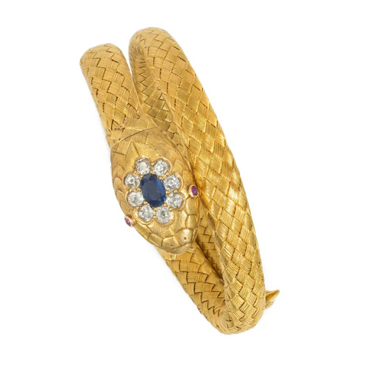 Victorian 22KT Yellow Gold Diamond, Ruby & Sapphire Snake Bracelet front
