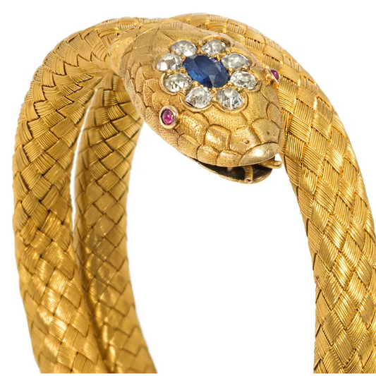Victorian 22KT Yellow Gold Diamond, Ruby & Sapphire Snake Bracelet close-up details