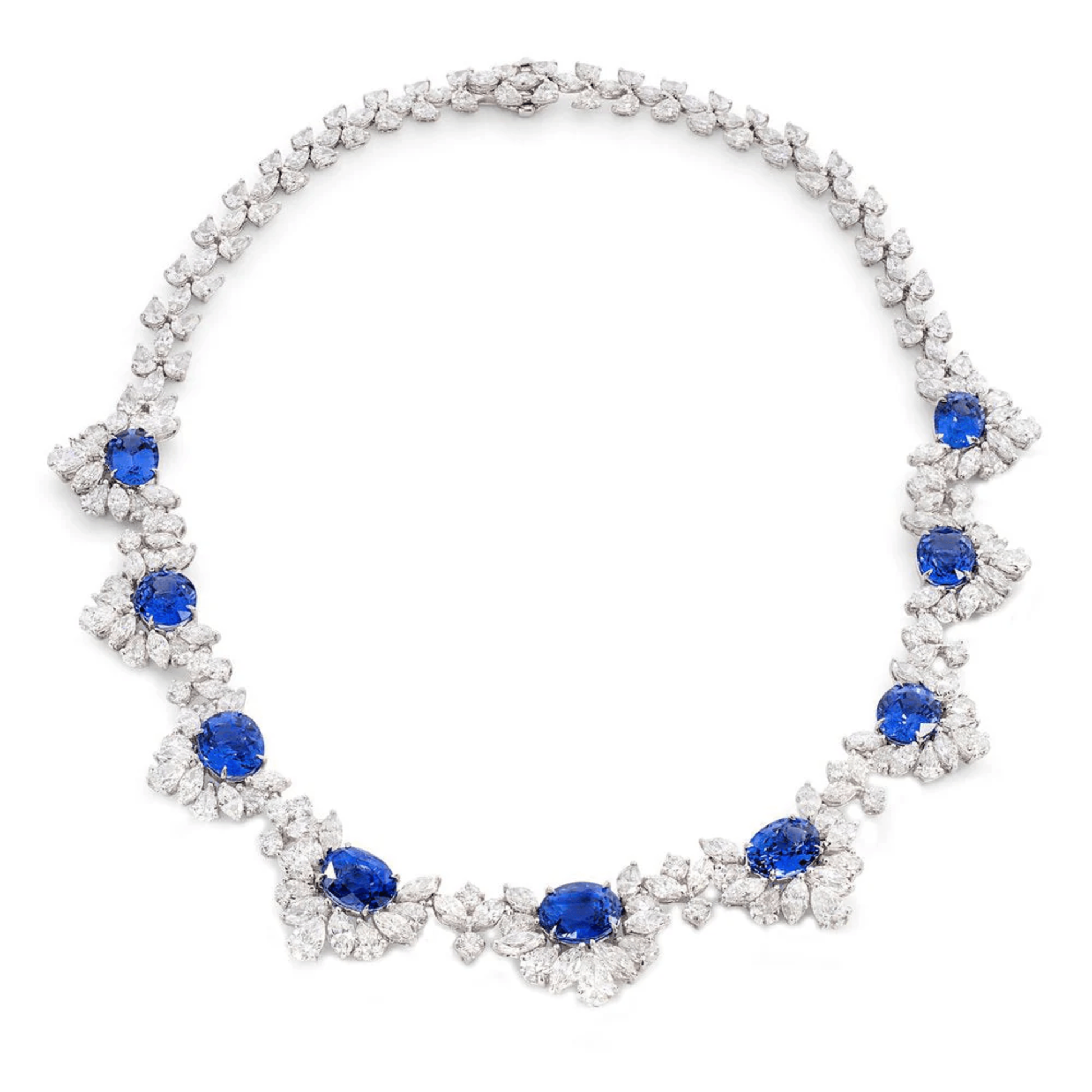 Contemporary Platinum Sapphire & Diamond Necklace front