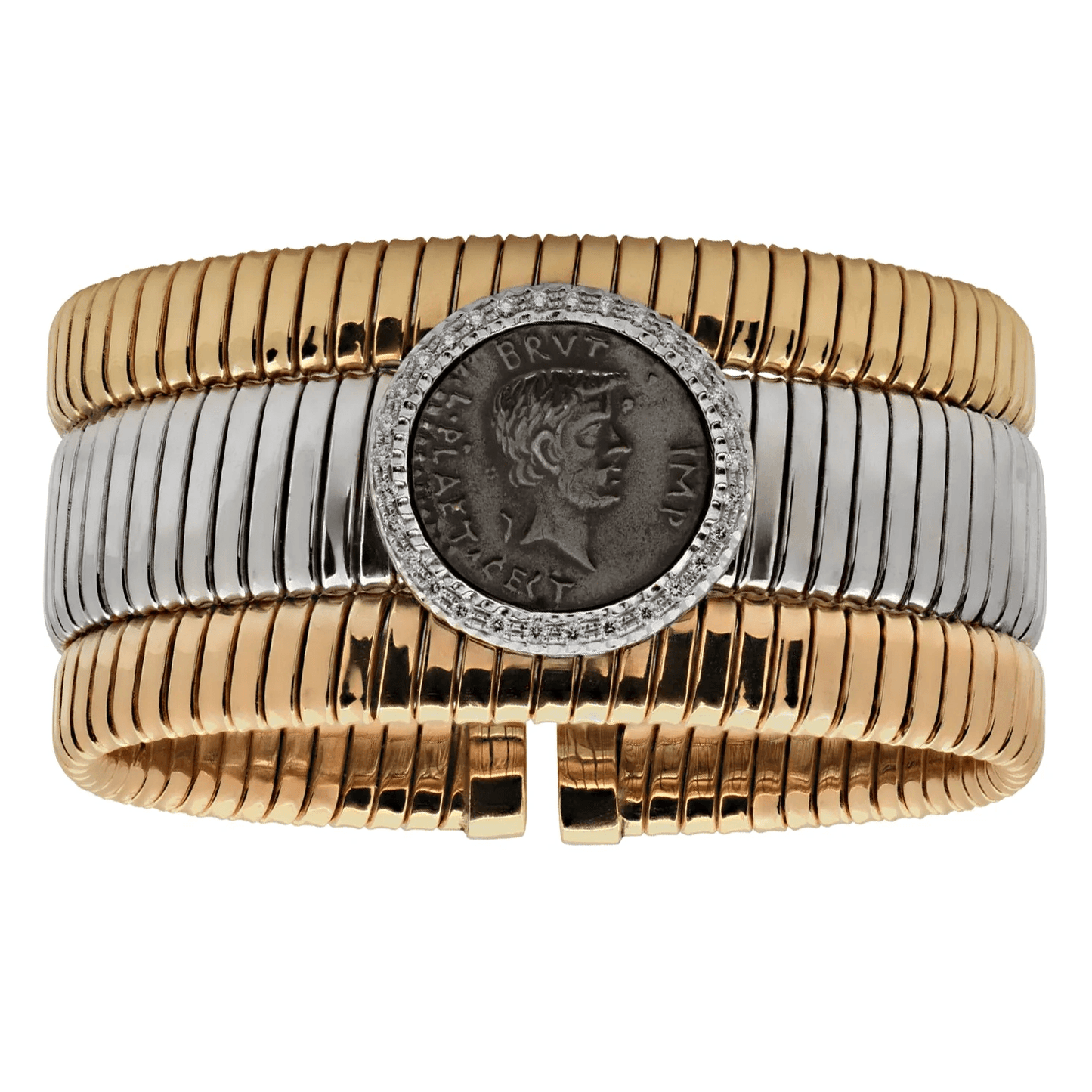 Tessitore Italy 1980s 18KT Rose, White & Yellow Gold Coin & Diamond Bracelet front
