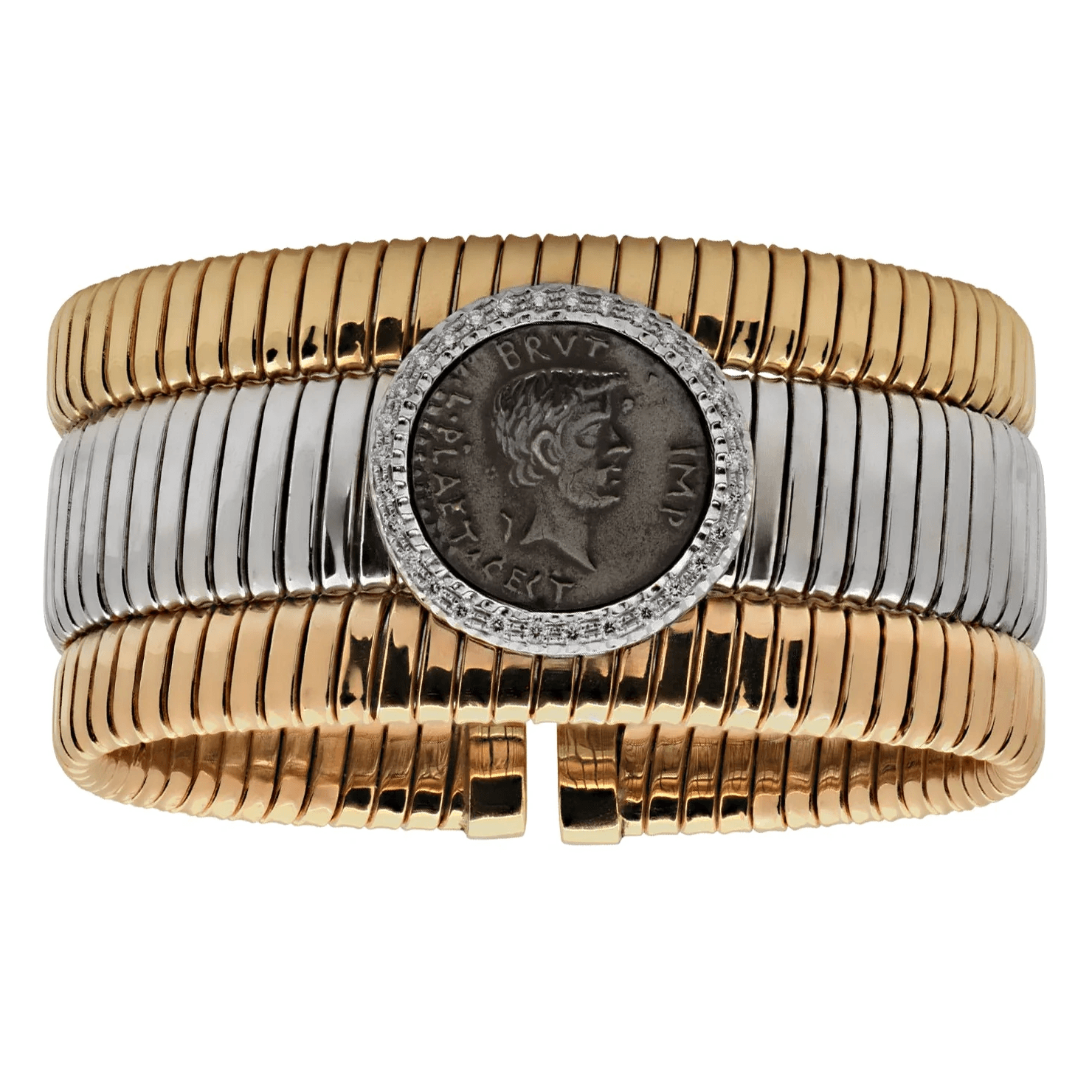 Tessitore Italy 1980s 18KT Rose, White & Yellow Gold Coin & Diamond Bracelet front