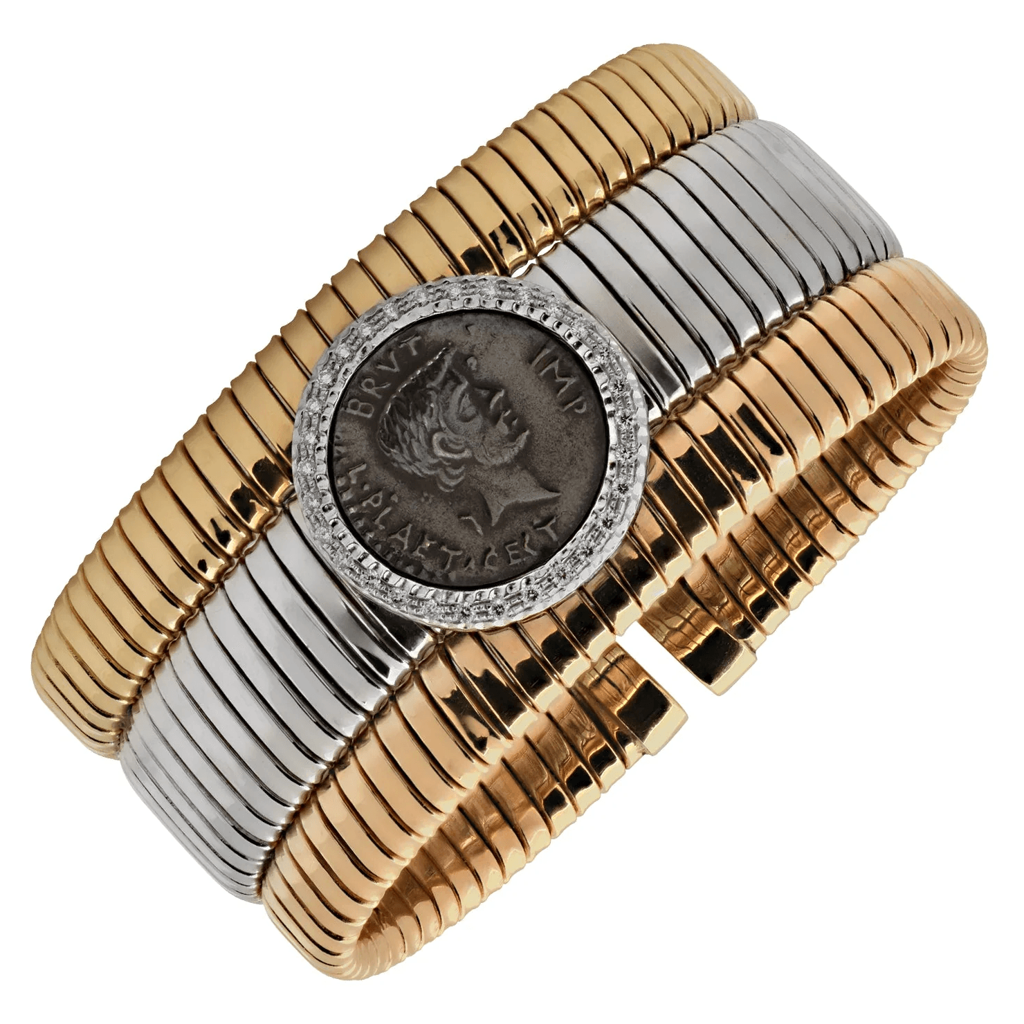 Tessitore Italy 1980s 18KT Rose, White & Yellow Gold Coin & Diamond Bracelet front