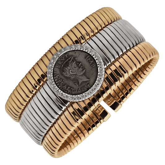 Tessitore Italy 1980s 18KT Rose, White & Yellow Gold Coin & Diamond Bracelet front