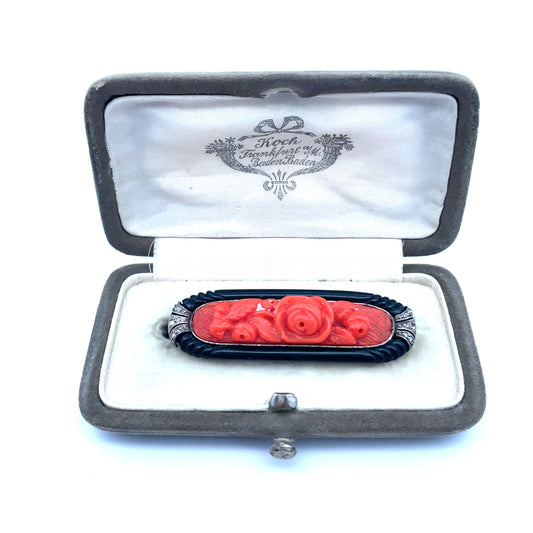 Koch Art Deco Platinum Coral Brooch in box