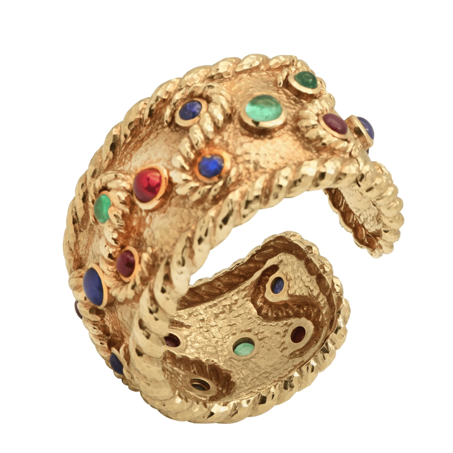 David Webb 1980s 18KT Yellow Gold Emerald, Ruby, & Sapphire Bracelet front