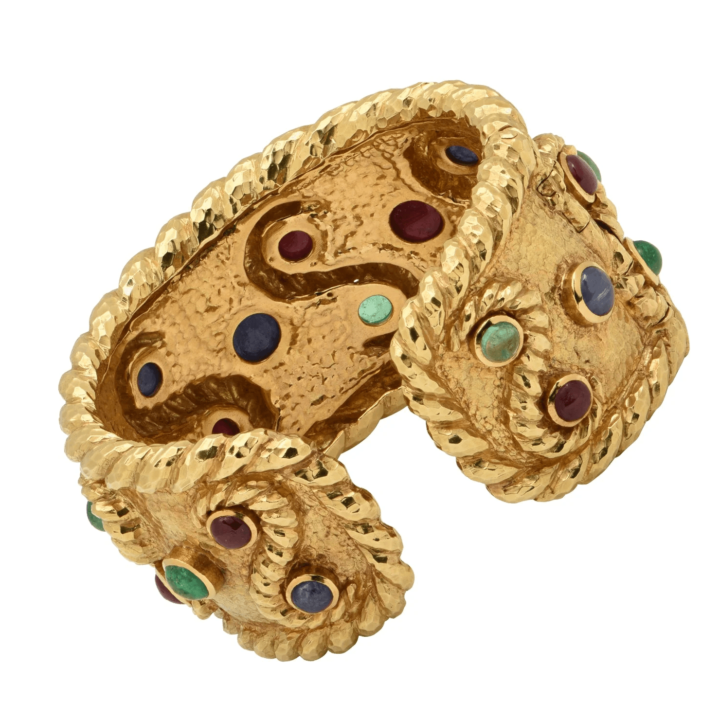 David Webb 1980s 18KT Yellow Gold Emerald, Ruby, & Sapphire Bracelet back