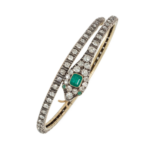Victorian Silver & 14KT Yellow Gold Diamond & Emerald Snake Bracelet top