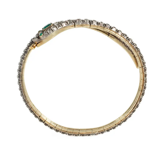 Victorian Silver & 14KT Yellow Gold Diamond & Emerald Snake Bracelet profile