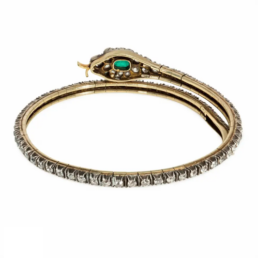 Victorian Silver & 14KT Yellow Gold Diamond & Emerald Snake Bracelet bottom