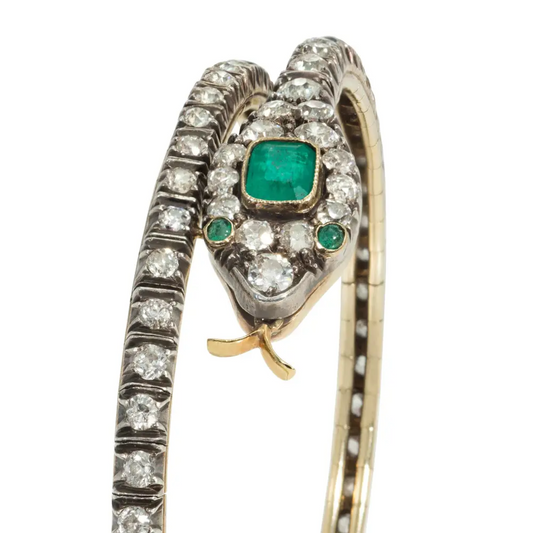Victorian Silver & 14KT Yellow Gold Diamond & Emerald Snake Bracelet close-up details
