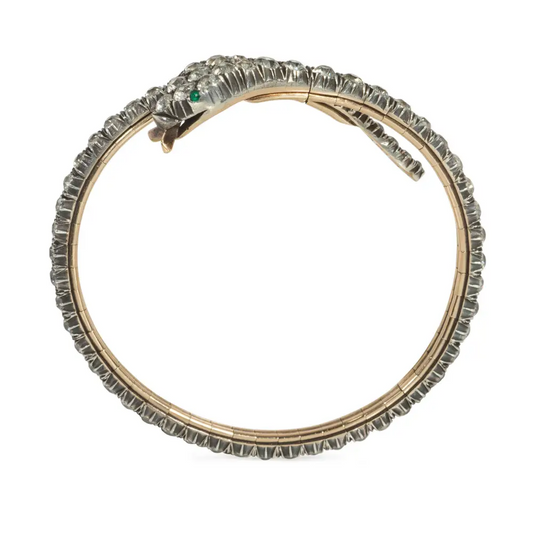 Victorian Silver & 14KT Yellow Gold Diamond & Emerald Snake Bracelet profile