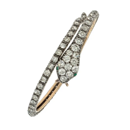 Victorian Silver & 14KT Yellow Gold Diamond & Emerald Snake Bracelet top