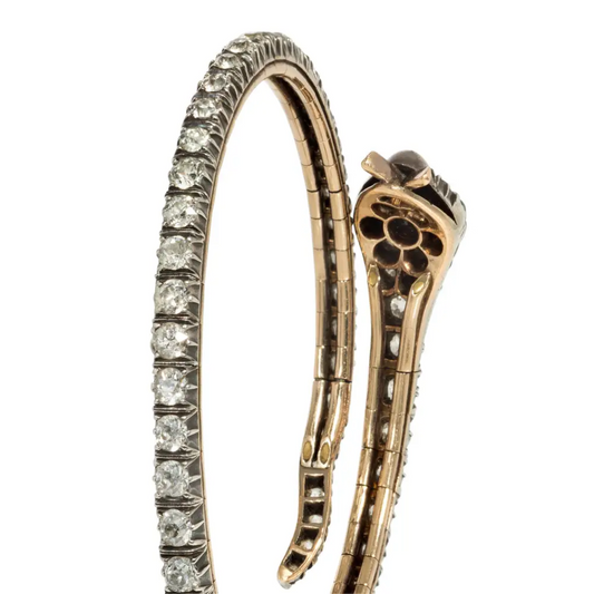 Victorian Silver & 14KT Yellow Gold Diamond & Emerald Snake Bracelet bottom