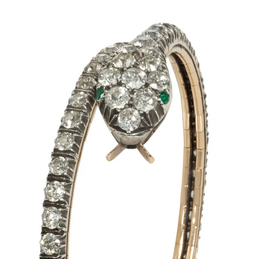 Victorian Silver & 14KT Yellow Gold Diamond & Emerald Snake Bracelet close-up details