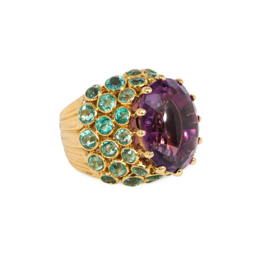 Rene Boivin France Retro 18KT Yellow Gold Amethyst & Emerald Ring side
