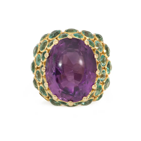 Rene Boivin France Retro 18KT Yellow Gold Amethyst & Emerald Ring front