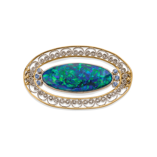 Tiffany & Co. Edwardian Platinum & 18KT Yellow Gold Opal & Sapphire Brooch front